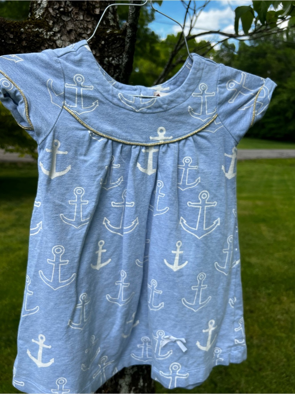 Maggie & Zoe Light Blue Anchor Print Dress with silver Trim